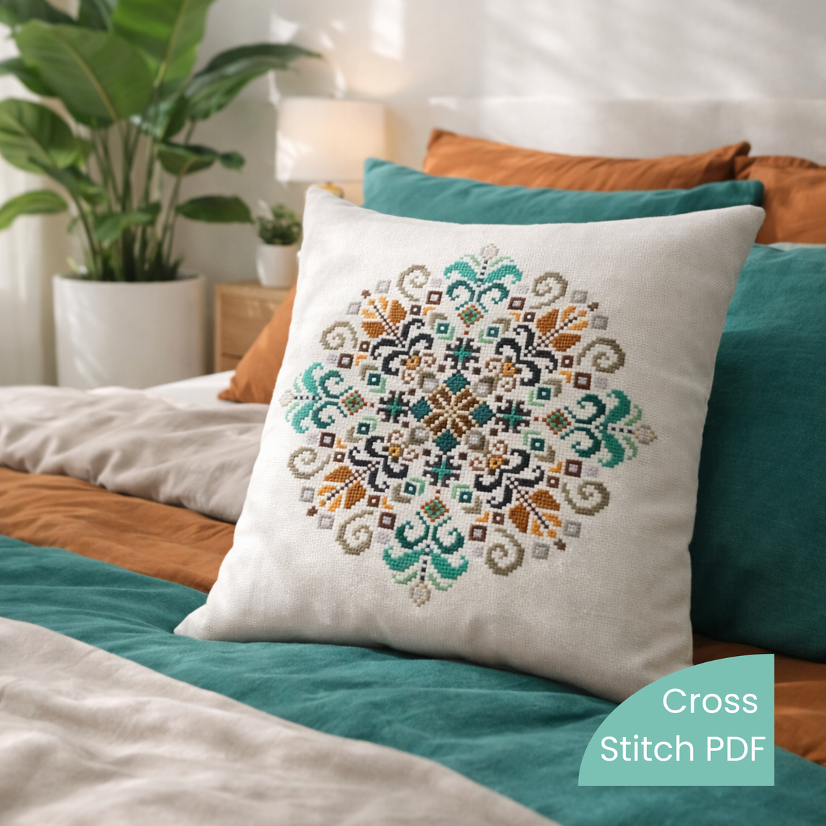 Heritage cross stitch pattern on decorative pillow, modern folk embroidery design in teal and brown tones, displayed on cozy bedroom bedding.