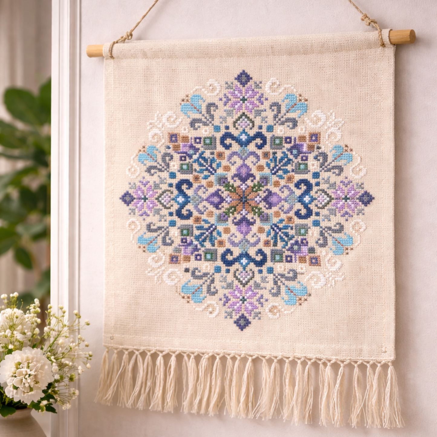 Geometric folk cross stitch wall hanging with fringe, blue and lavender mandala embroidery on natural linen textile