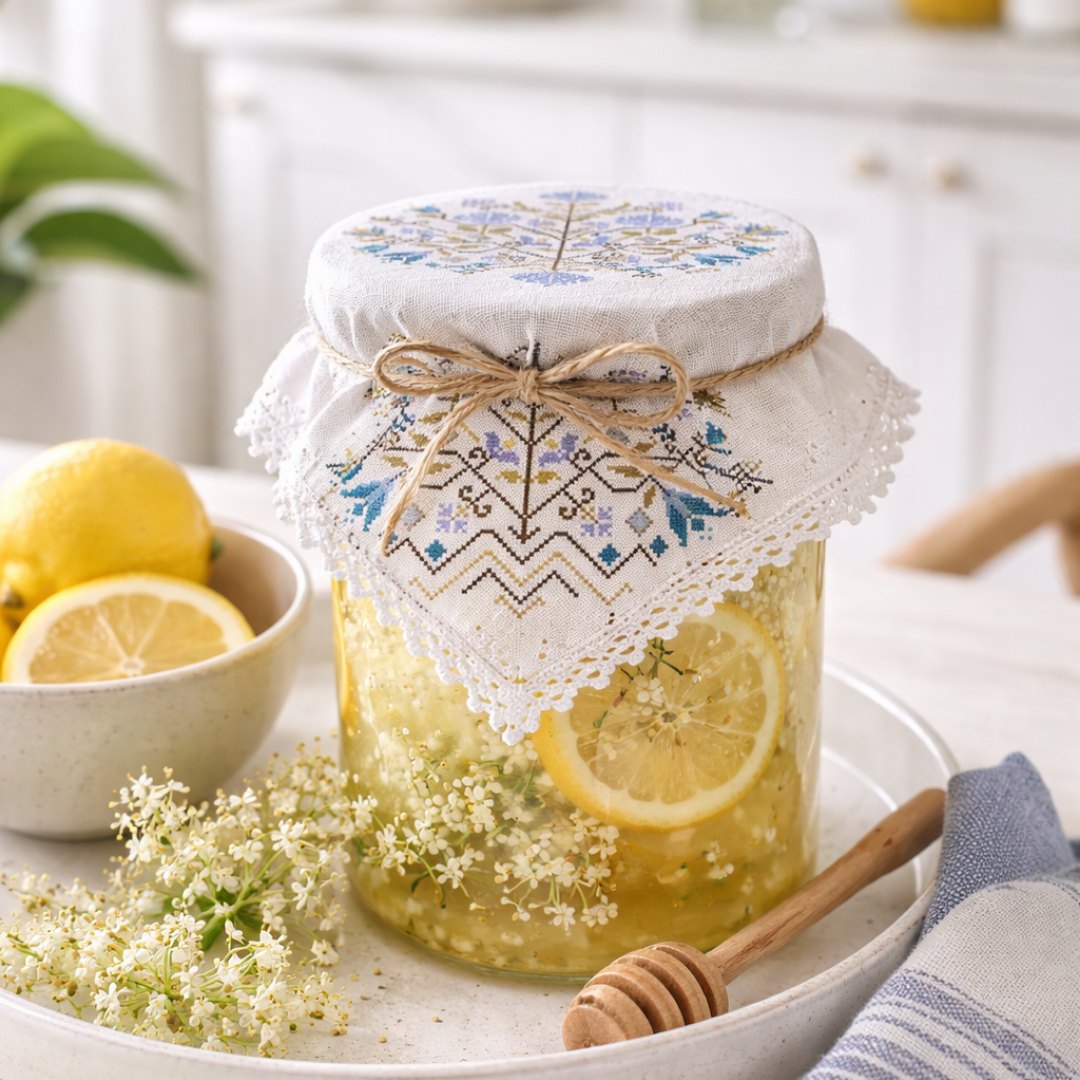 Glass jar with embroidered linen cover featuring blue folk cross stitch pattern, styled with honey, lemon, and wildflowers.