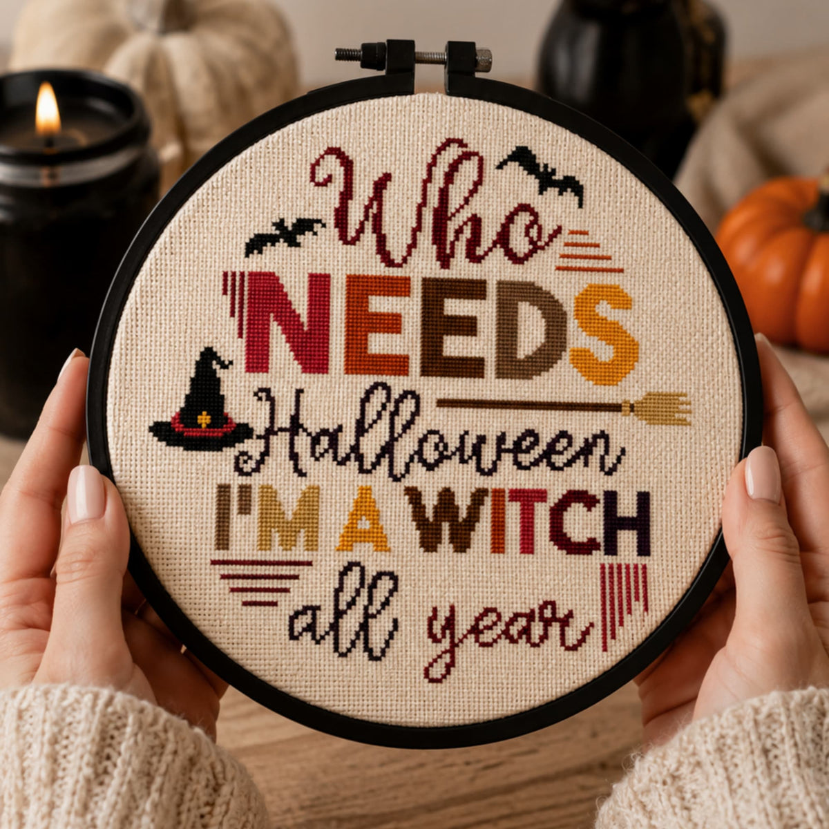 Halloween Witch cross stitch pattern PDF displayed in embroidery hoop, cozy witchy typography embroidery design.