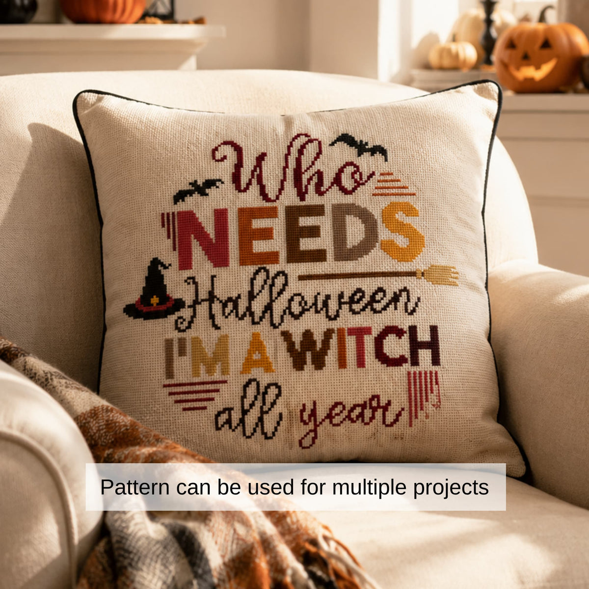 Halloween Witch cross stitch pattern PDF displayed on decorative pillow, cozy spooky home decor embroidery inspiration.