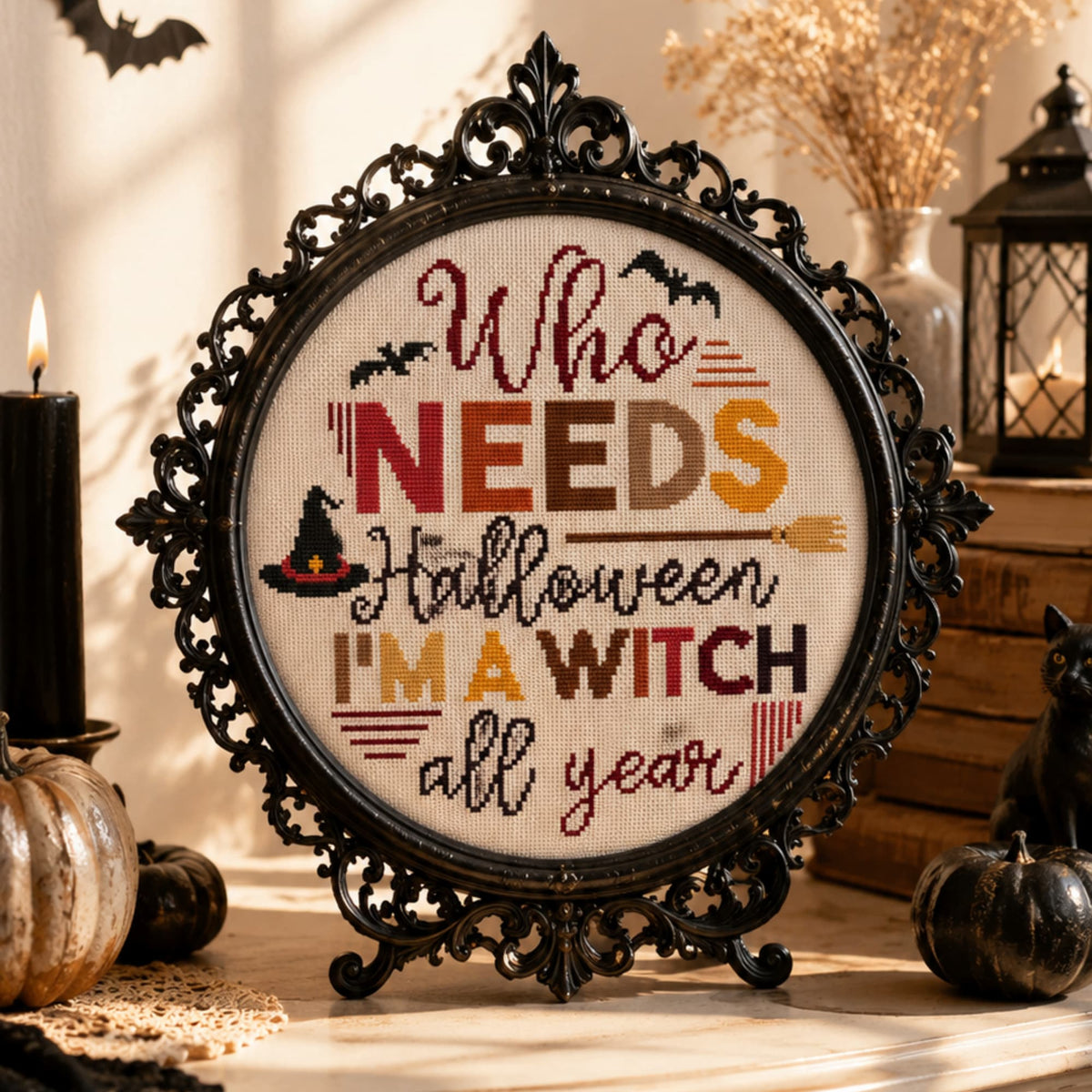 Halloween Witch cross stitch pattern PDF framed in gothic black decor frame, spooky embroidery wall art for witchy homes.