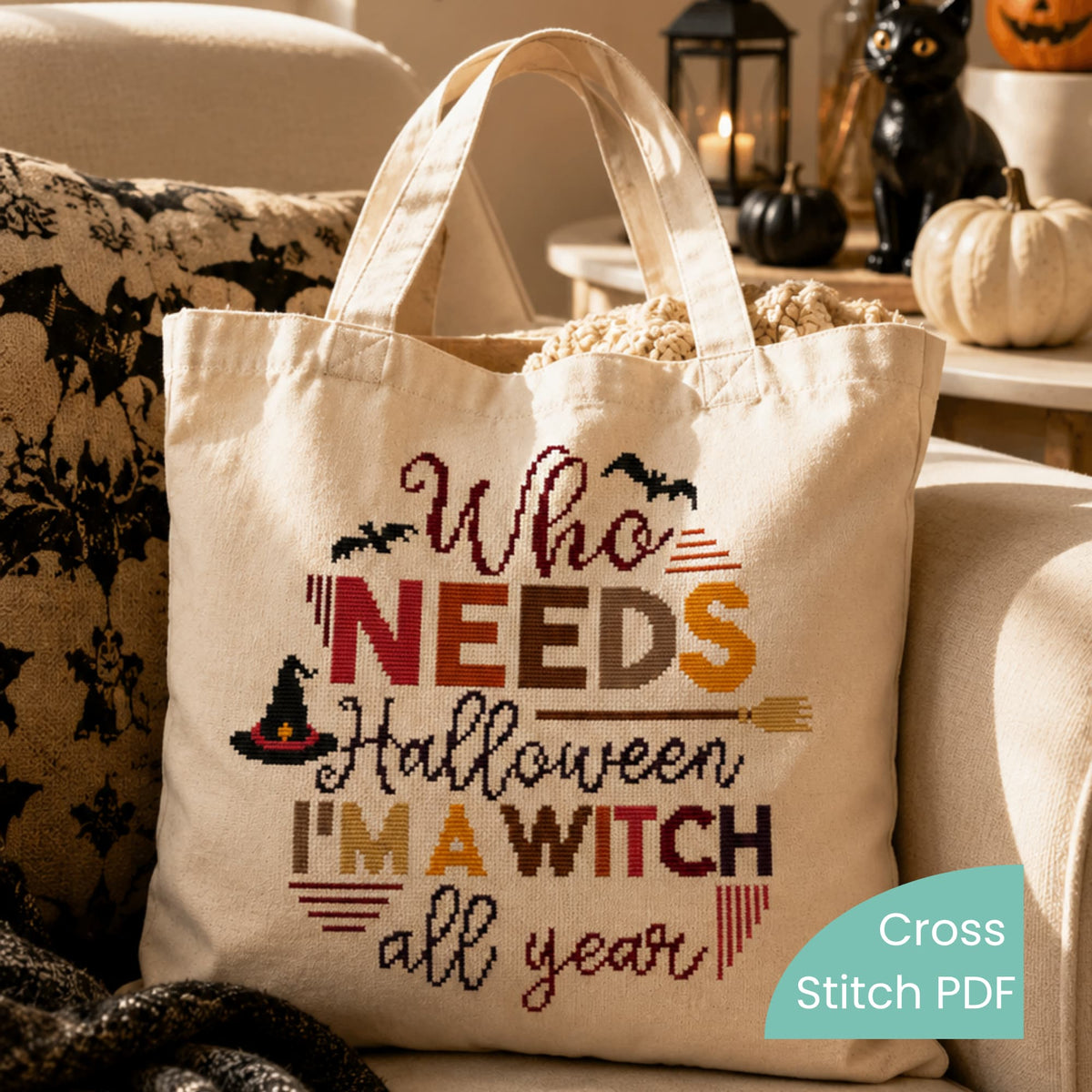 Halloween Witch cross stitch pattern PDF shown on tote bag, witchy embroidery idea for Halloween accessories and gifts.