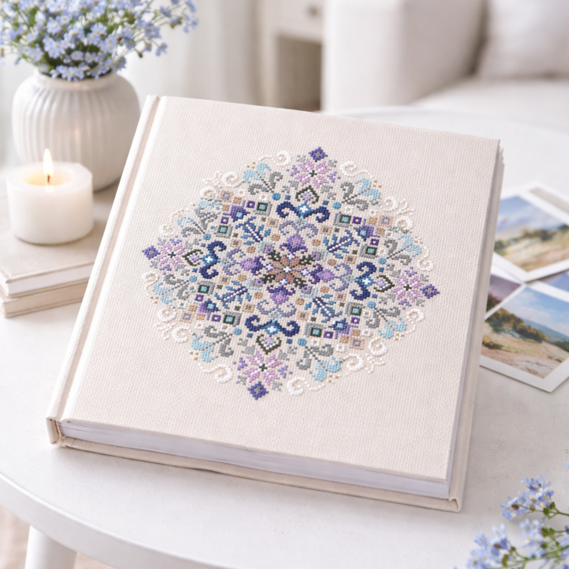 Hand-embroidered geometric mandala cross stitch on fabric book cover, delicate blue and lavender folk pattern on neutral linen