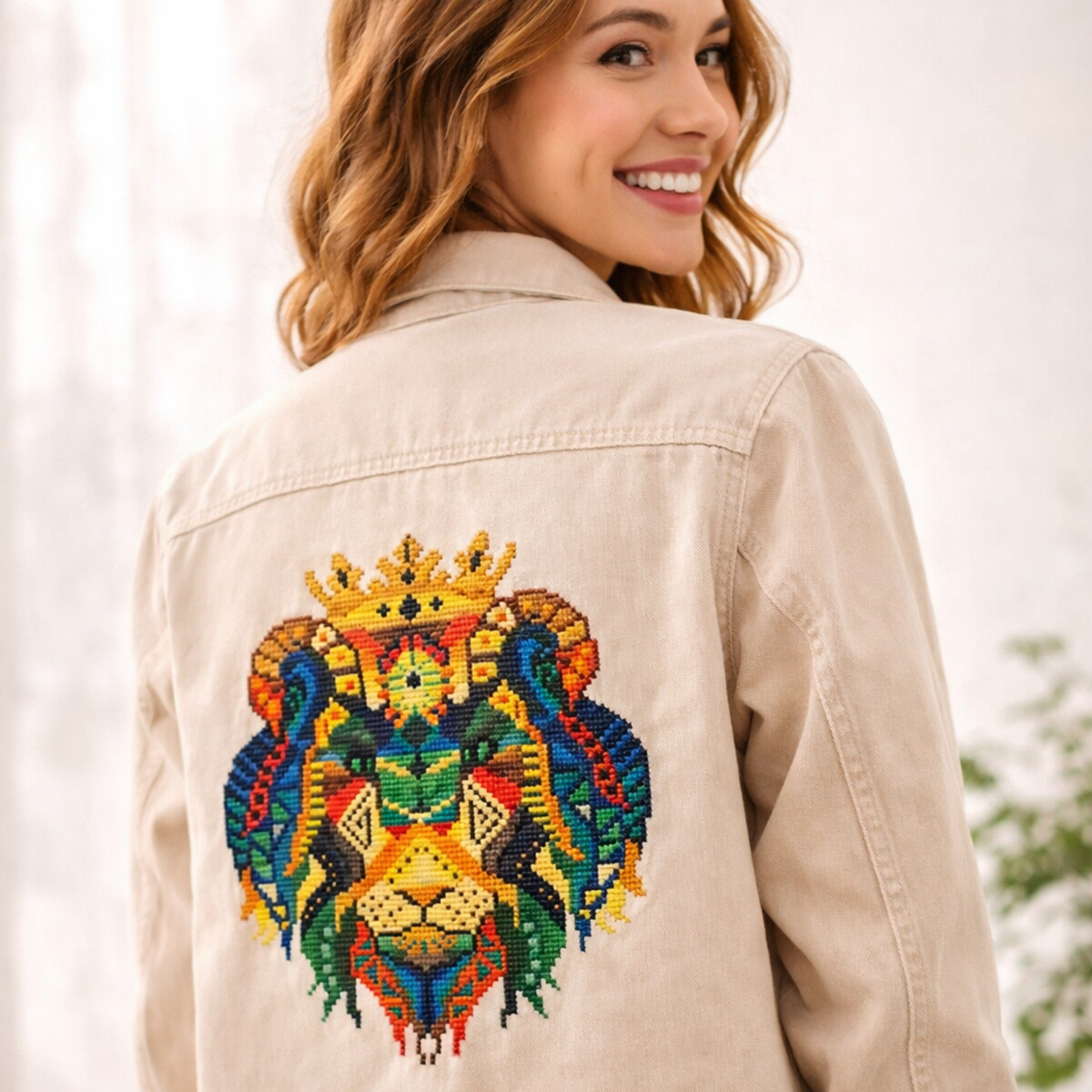 Hand embroidered Lion King cross stitch design stitched on back of beige jacket, vibrant crowned lion pattern, modern embroidery fashion example made with cross stitch kit.