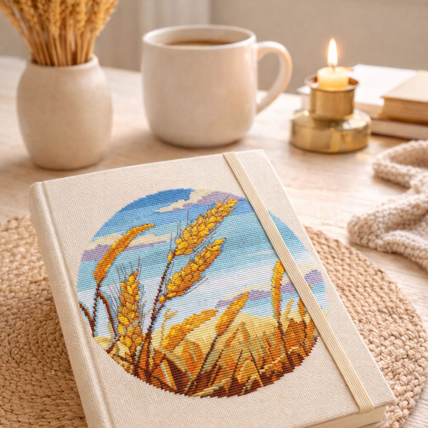 Hand embroidered notebook featuring wheat field cross stitch pattern, golden harvest landscape embroidery, rustic handmade stationery gift idea.