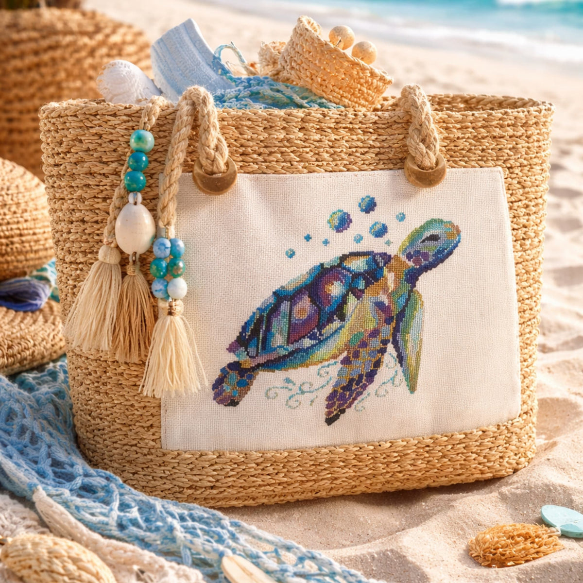 Hand embroidered sea turtle design on natural straw beach bag, ocean themed handmade accessory