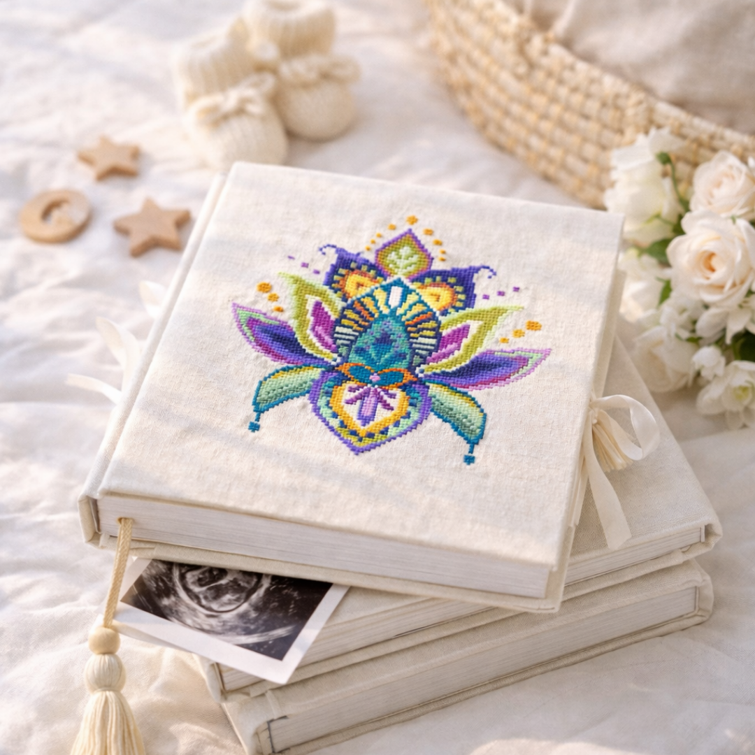 Handmade fabric photo album with embroidered geometric floral cross stitch pattern, artisan textile keepsake.