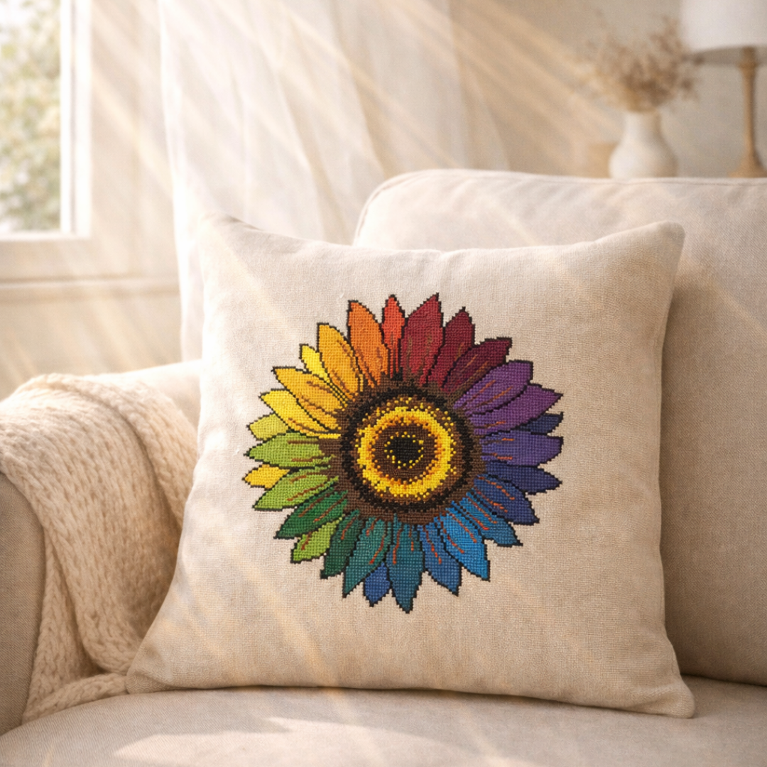 Handmade sunflower cross stitch pillow in cozy living room, colorful floral embroidery cushion