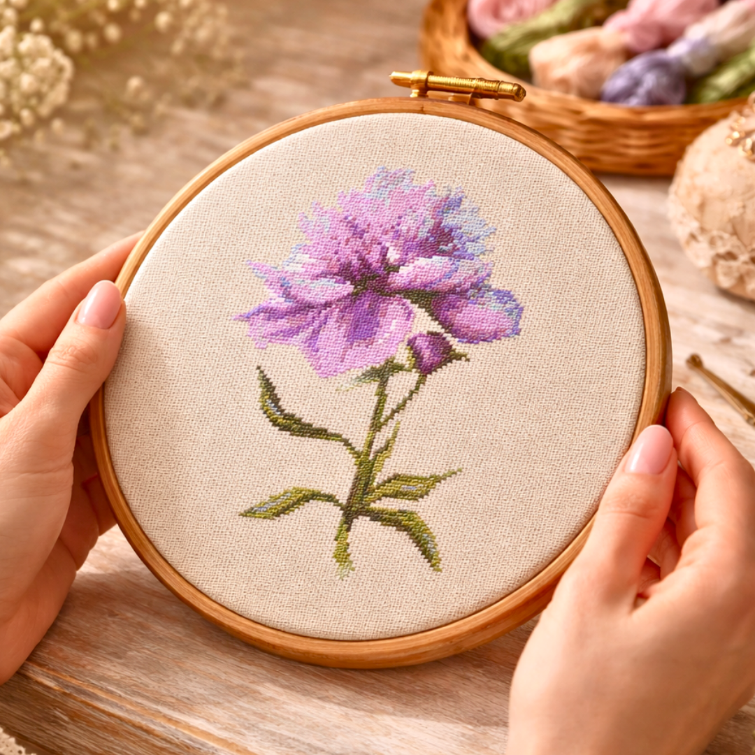 Hands holding embroidery hoop with pink peony cross stitch pattern, detailed floral needlework on natural linen fabric