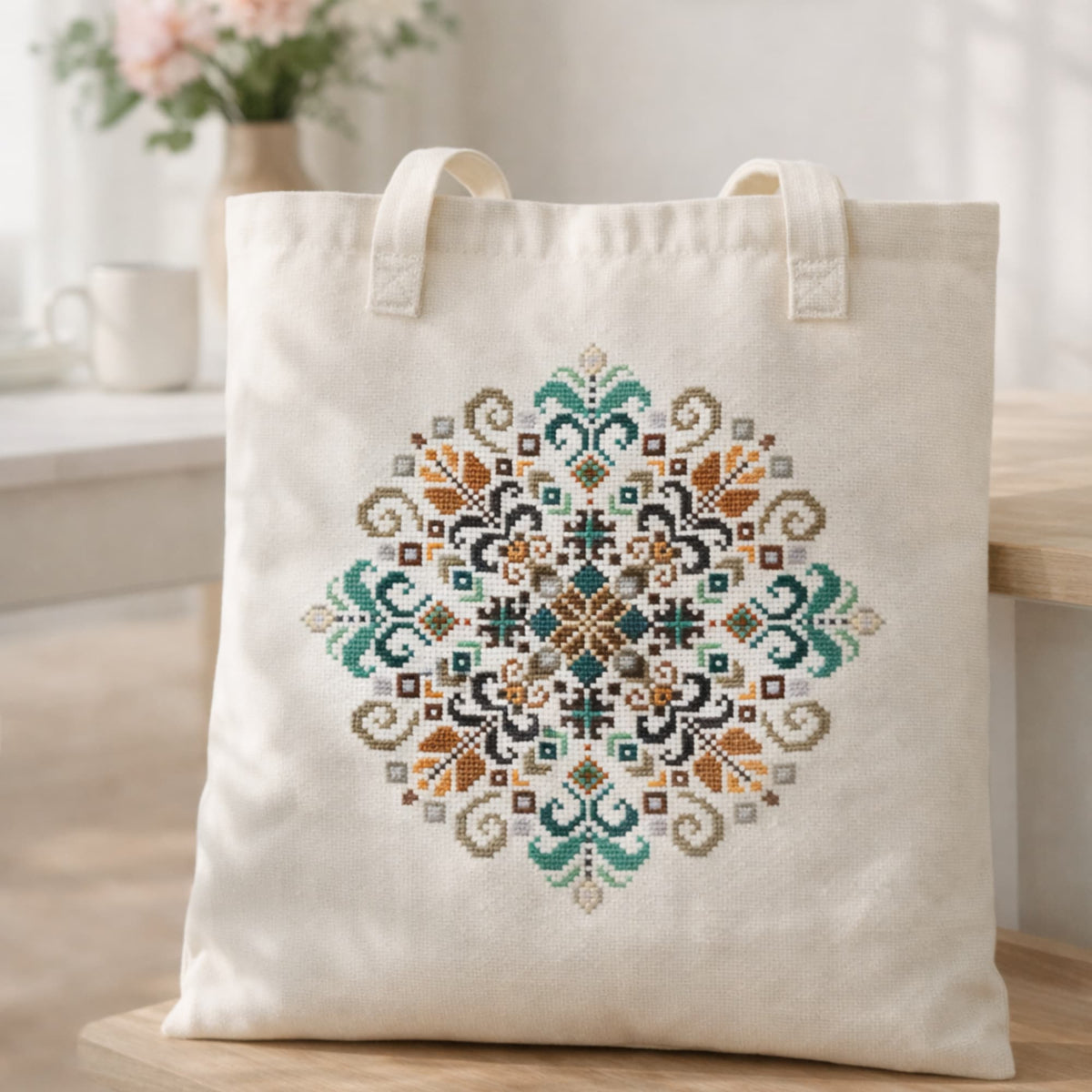 Heritage cross stitch design stitched on canvas tote bag, modern folk embroidery pattern in natural tones, handmade textile accessory.