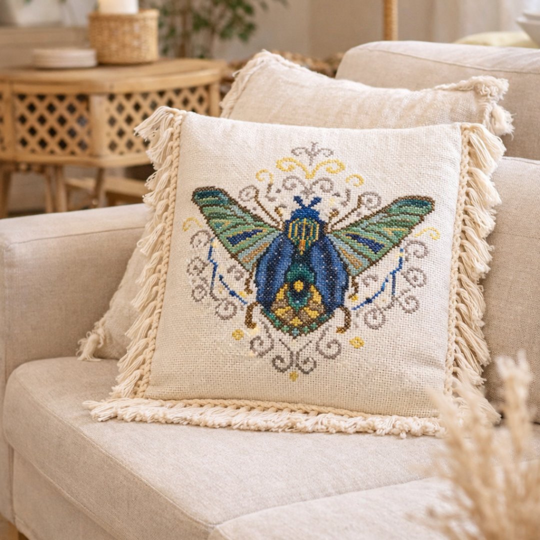Colorful June Bug cross stitch pattern embroidered pillow