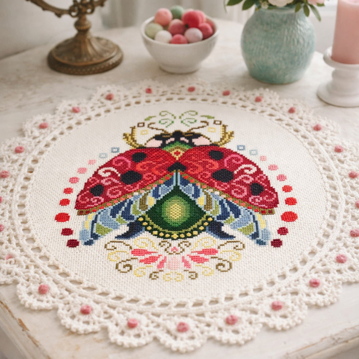Ladybug cross stitch embroidery displayed on round lace doily table centerpiece, detailed folk embroidery design with ornamental ladybug pattern, handmade decorative textile.