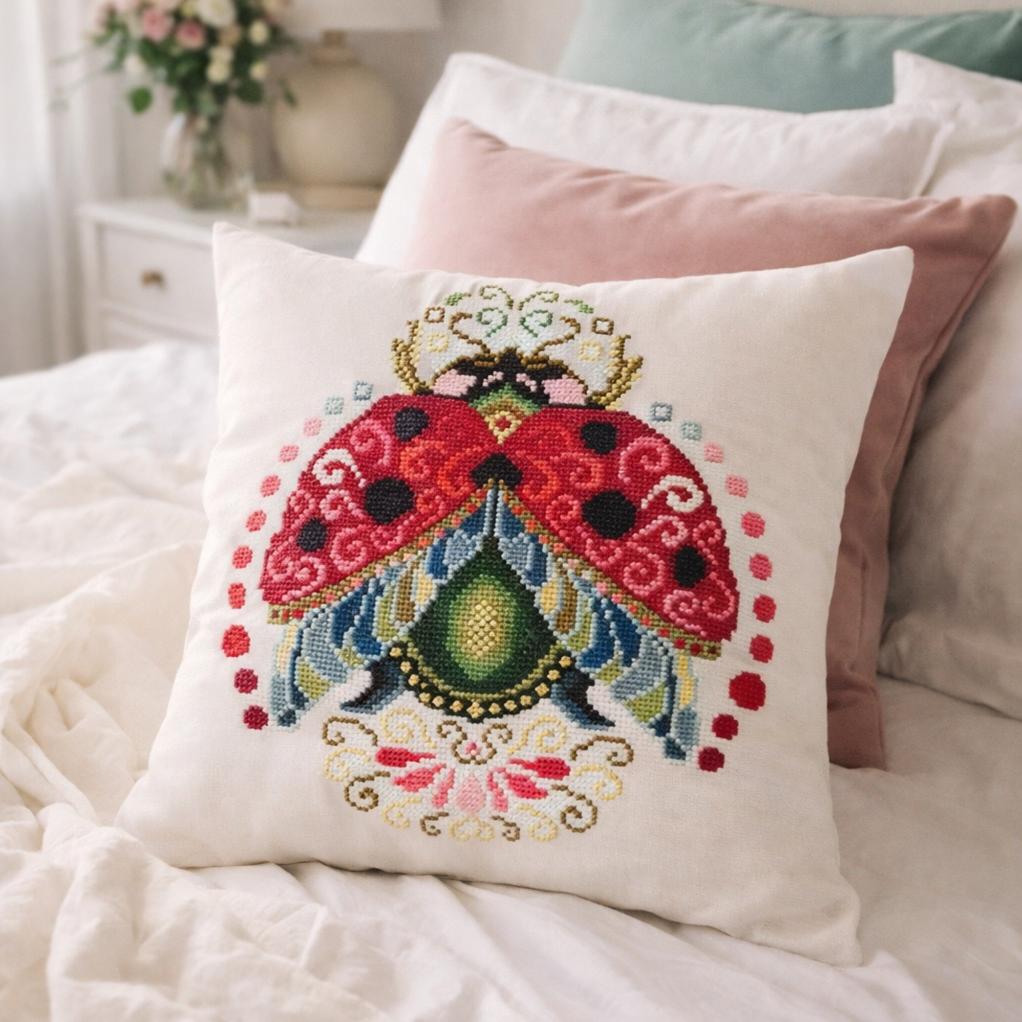Ladybug cross stitch embroidery on decorative pillow, colorful folk style insect embroidery design on linen cushion cover, handmade home decor embroidery.