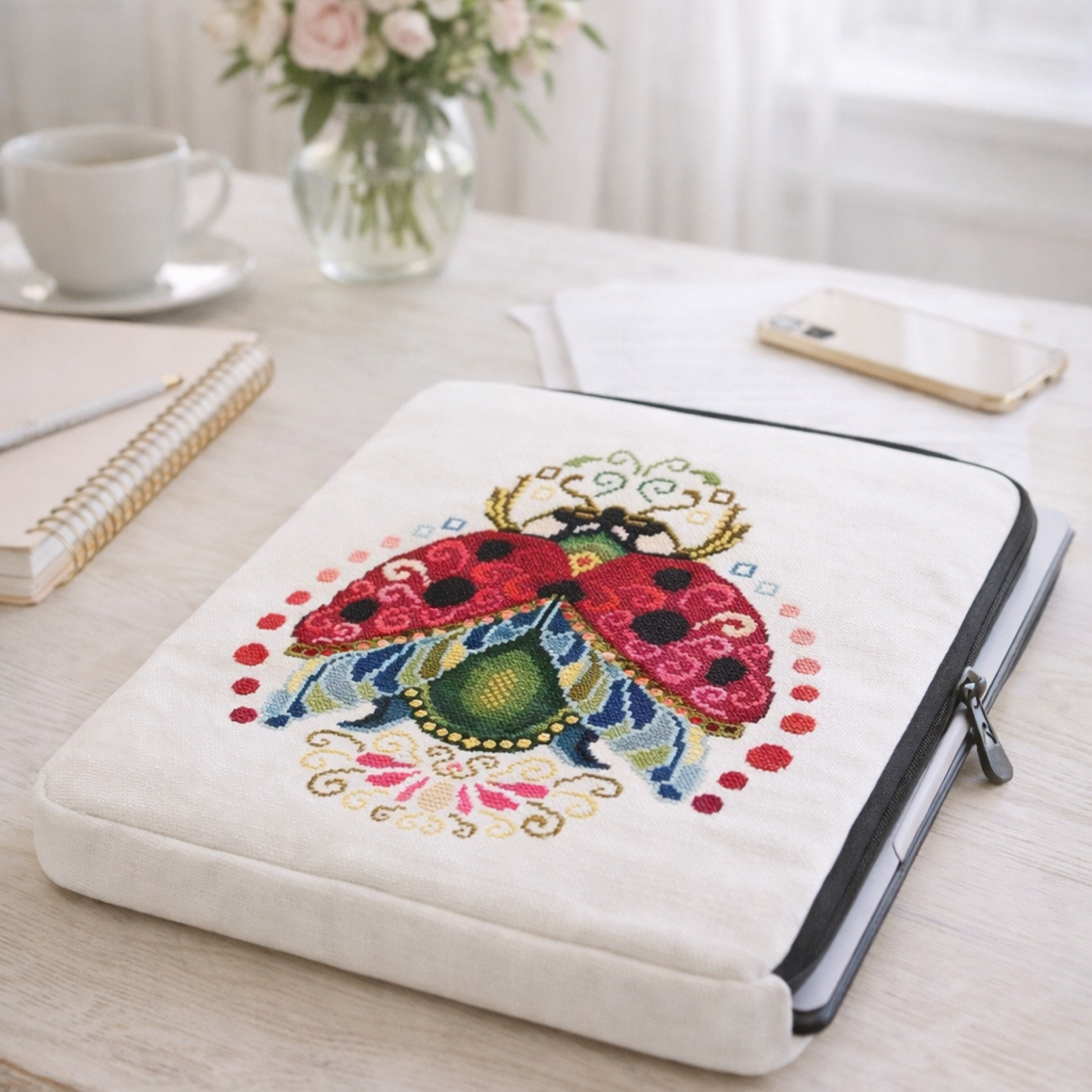 Ladybug cross stitch embroidery on linen laptop sleeve, colorful folk style ladybug design stitched on tablet or laptop protective cover, handmade embroidery inspired accessory.