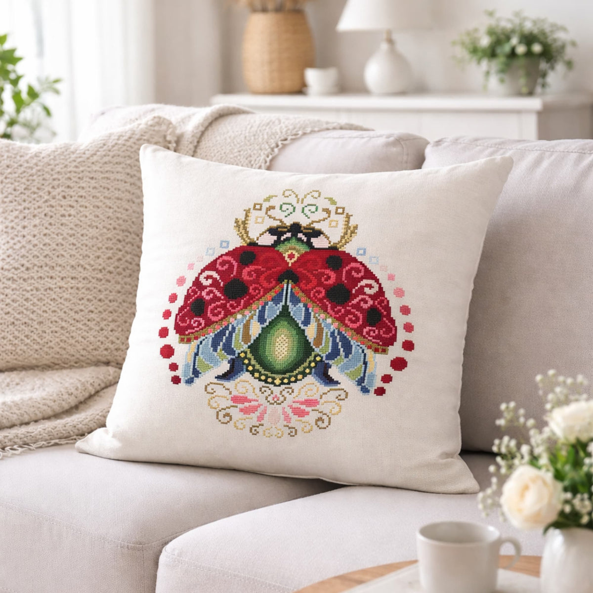 Ladybug cross stitch embroidery pillow displayed on sofa, colorful folk ladybug embroidery design on neutral linen cushion, handmade cross stitch home decor.