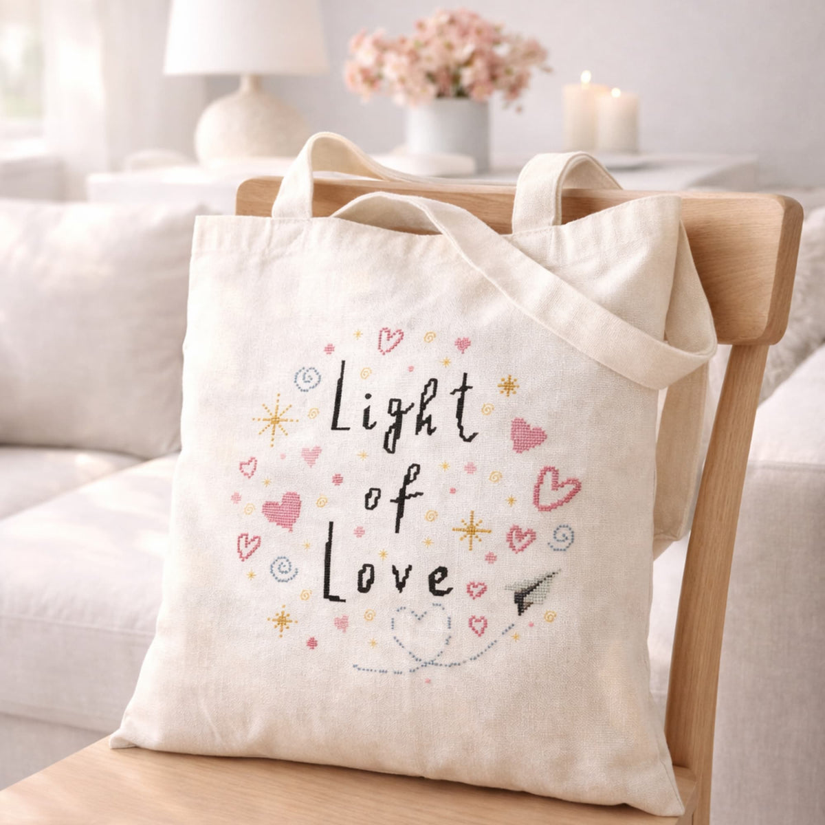 Light of Love Valentine embroidery pattern digital download shown on tote bag
