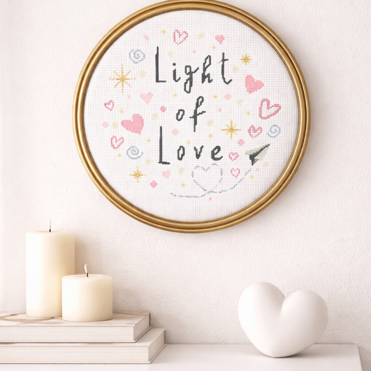 Light of Love cross stitch PDF styled in gold frame wall decor with romantic home interior