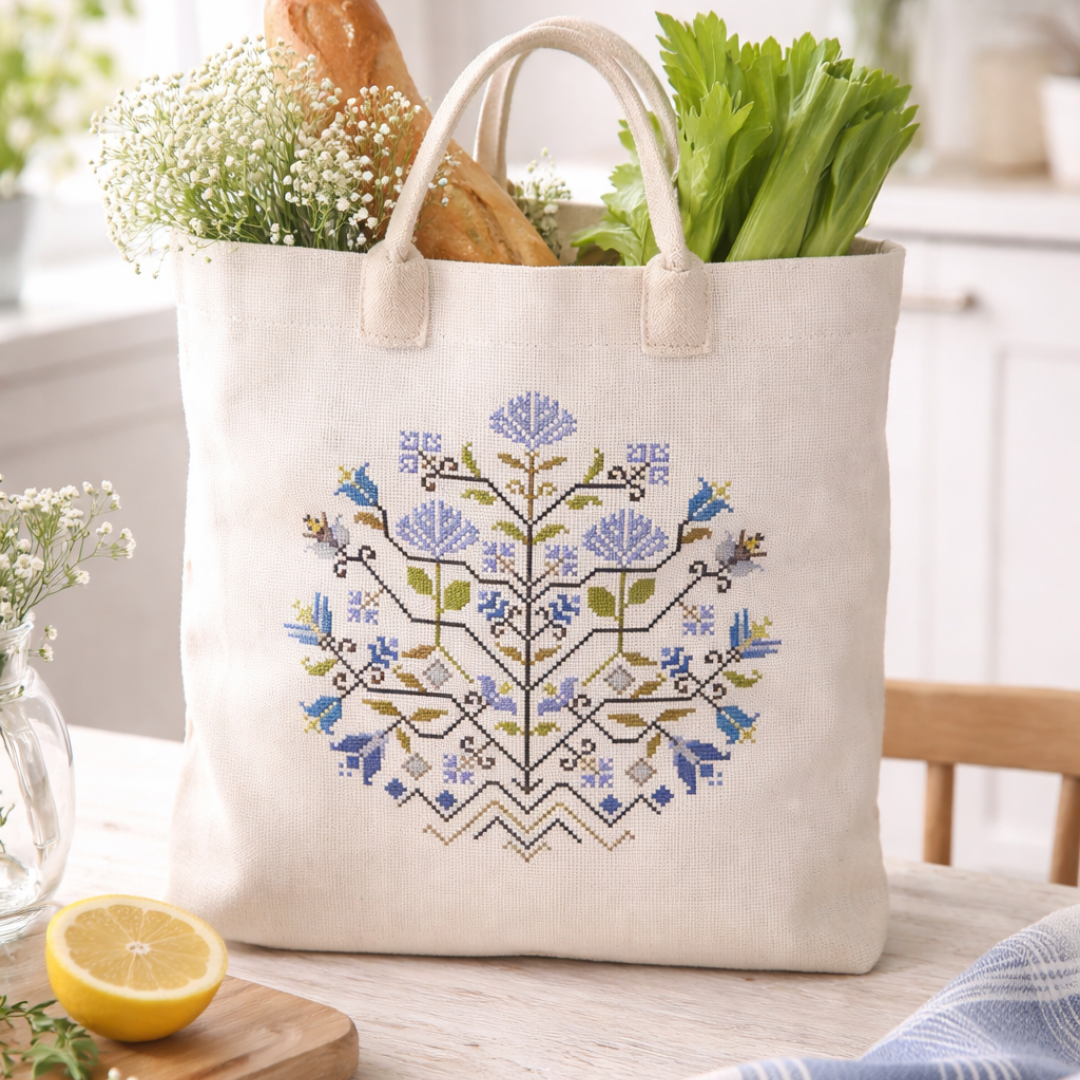 Linen tote bag with blue floral cross stitch embroidery, reusable grocery bag styled in a bright kitchen with bread, herbs, and fresh flowers.