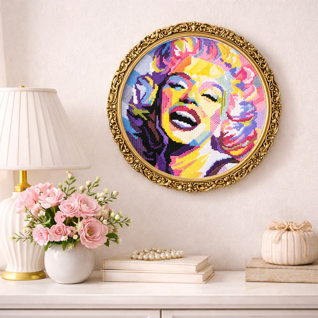 Marilyn Monroe Cross Stitch Pattern PDF digital download displayed in ornate frame as colorful pop art embroidery artwork.