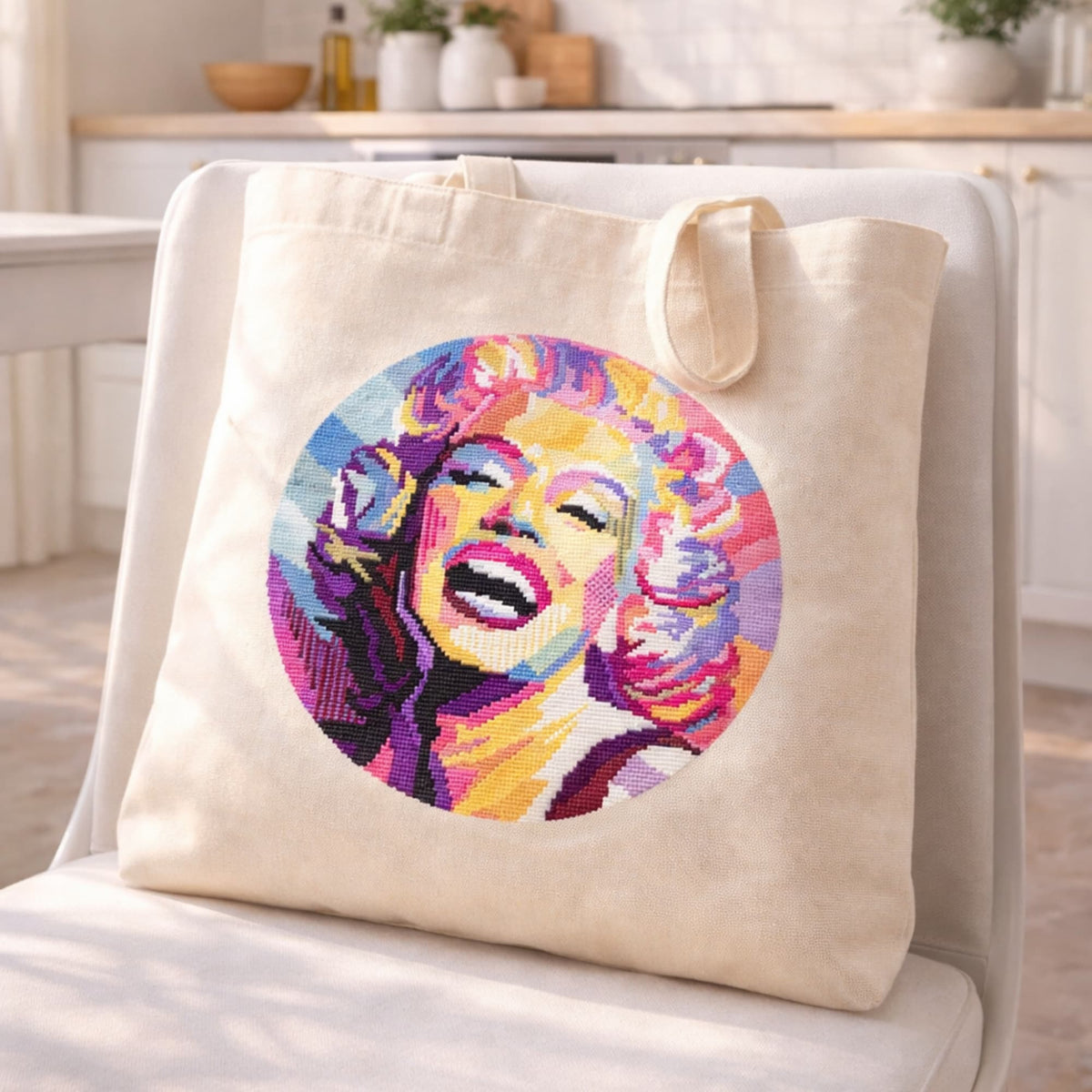 Marilyn Monroe Cross Stitch Pattern PDF digital download displayed on cotton tote bag with vibrant pop art portrait embroidery.