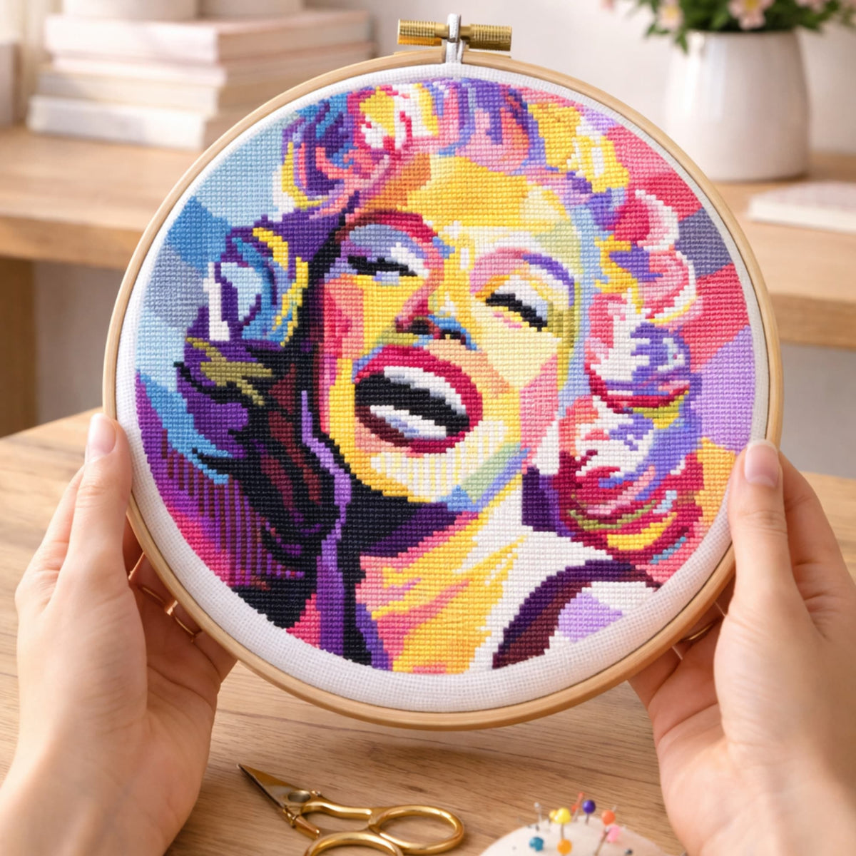 Marilyn Monroe Cross Stitch Pattern PDF digital download featuring colorful modern pop art portrait embroidery design in hoop.
