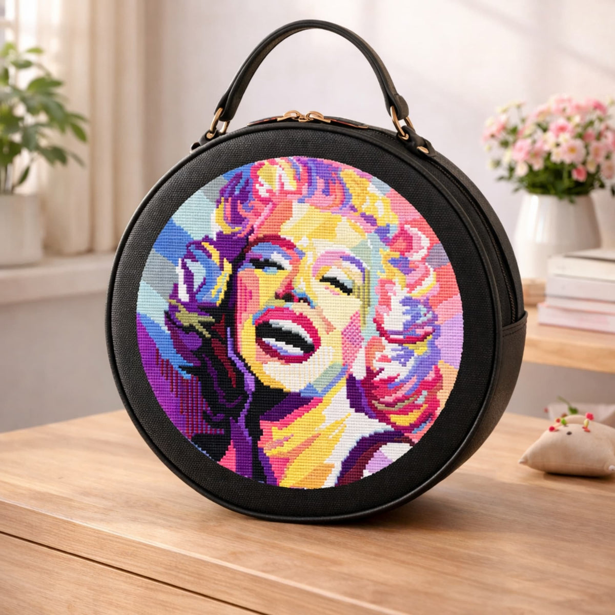 Marilyn Monroe Cross Stitch Pattern PDF digital download featuring modern celebrity portrait embroidery on stylish round handbag.