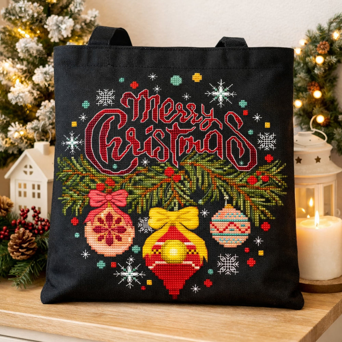 Merry Christmas cross stitch design preview on black tote bag styled with Christmas lights and candles