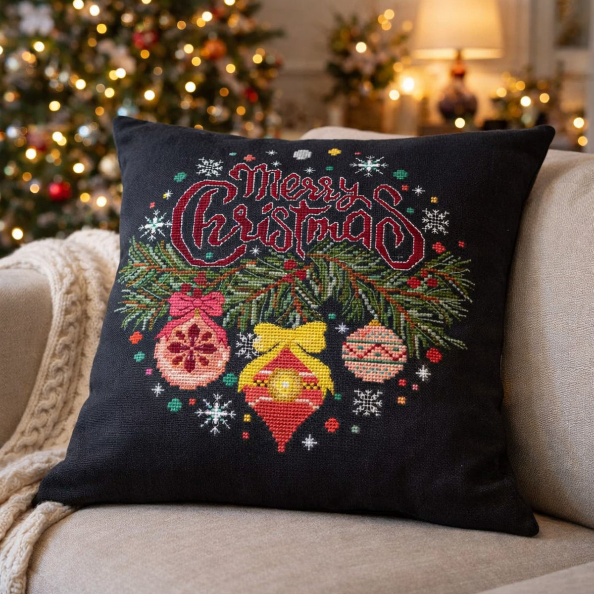 Merry Christmas cross stitch pattern PDF shown as finished embroidery on black pillow with festive holiday decor in background
