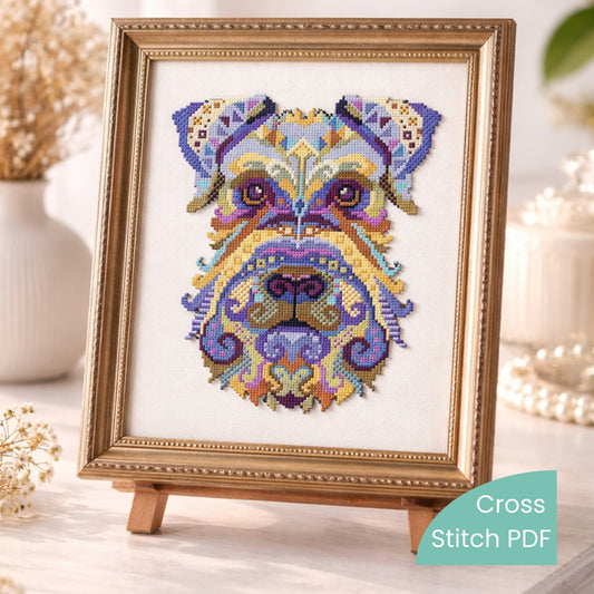 Miniature Schnauzer cross stitch PDF pattern shown as framed embroidery art, colorful dog portrait in premium decorative embroidery style