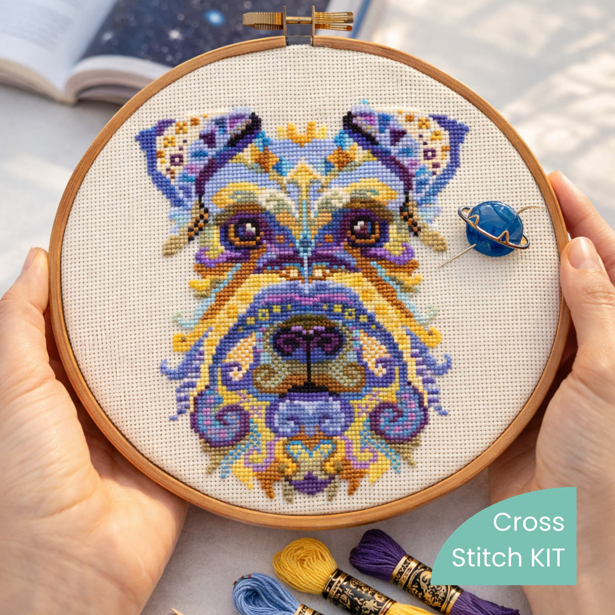Miniature Schnauzer cross stitch kit shown in embroidery hoop with floss included, complete dog embroidery kit in artistic modern heirloom style