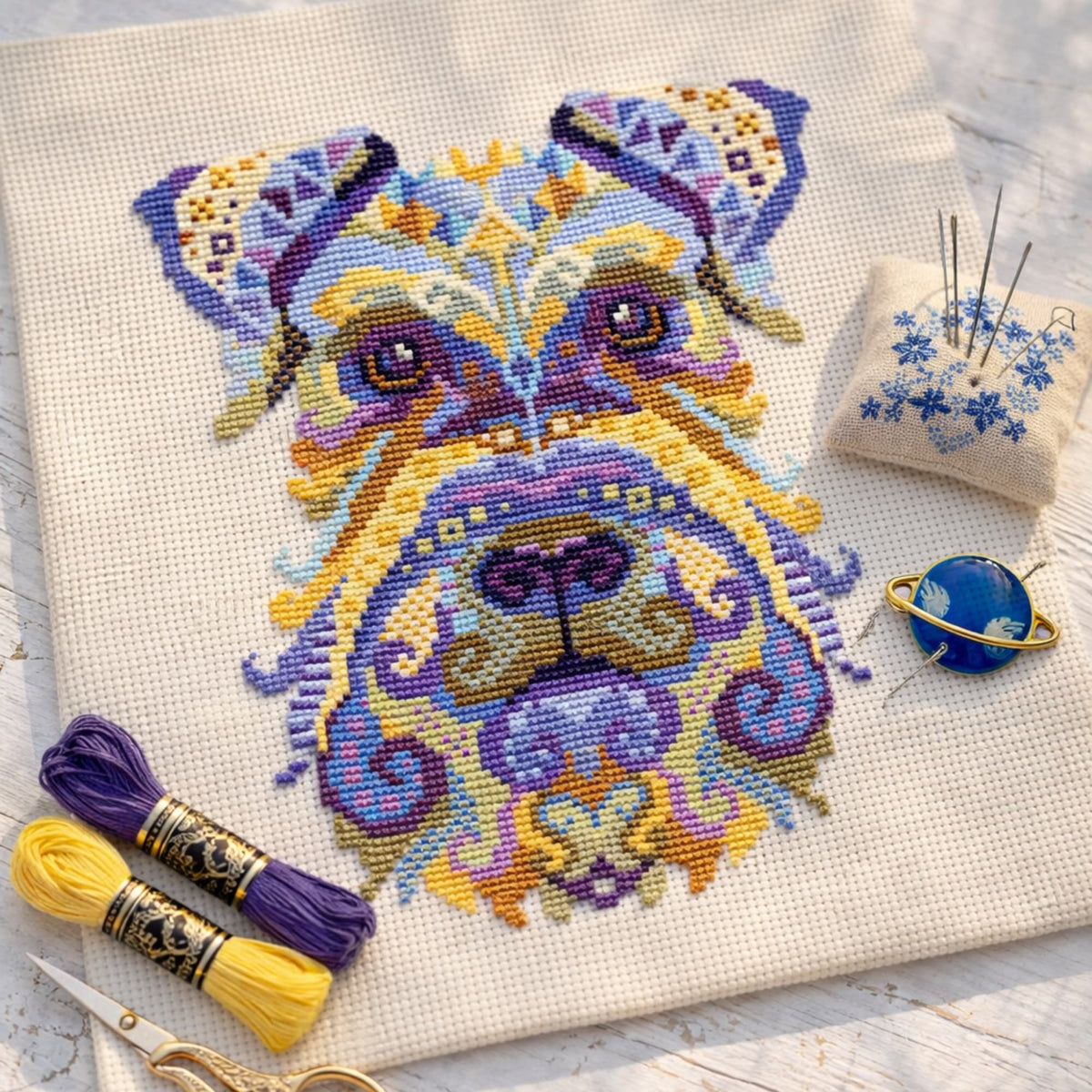 Miniature Schnauzer cross stitch pattern displayed with embroidery floss and scissors, detailed dog embroidery design in vibrant modern style