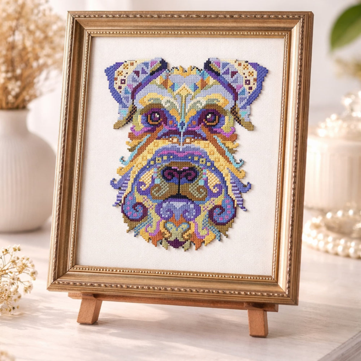 Miniature Schnauzer cross stitch pattern framed as finished embroidery art, colorful dog portrait in refined modern heirloom style
