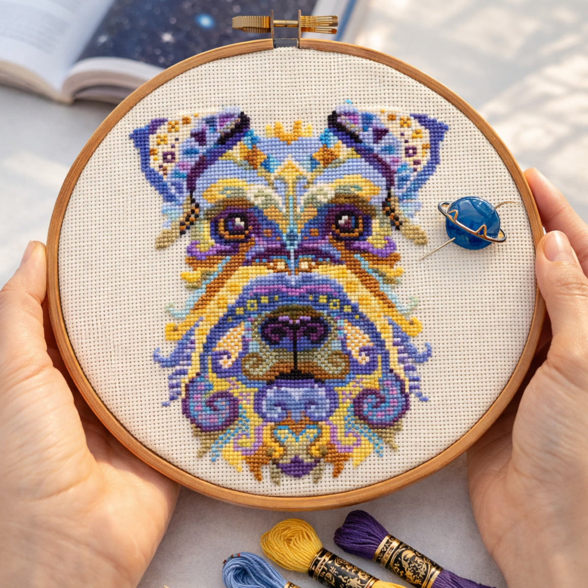 Miniature Schnauzer cross stitch pattern in embroidery hoop, artistic dog portrait embroidery design with ornamental decorative details
