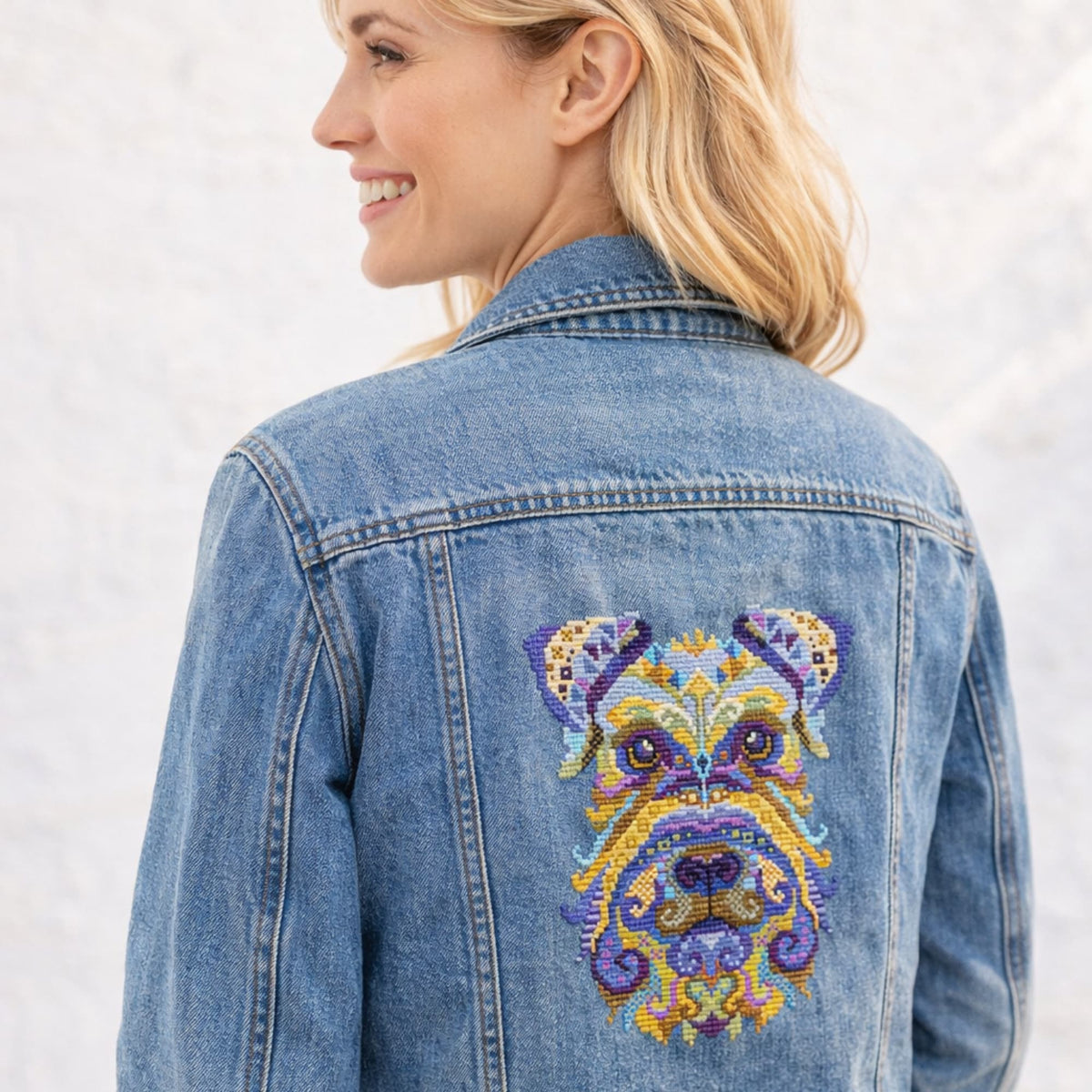 Miniature Schnauzer cross stitch pattern stitched on denim jacket back, artistic dog embroidery design for modern wearable textile art