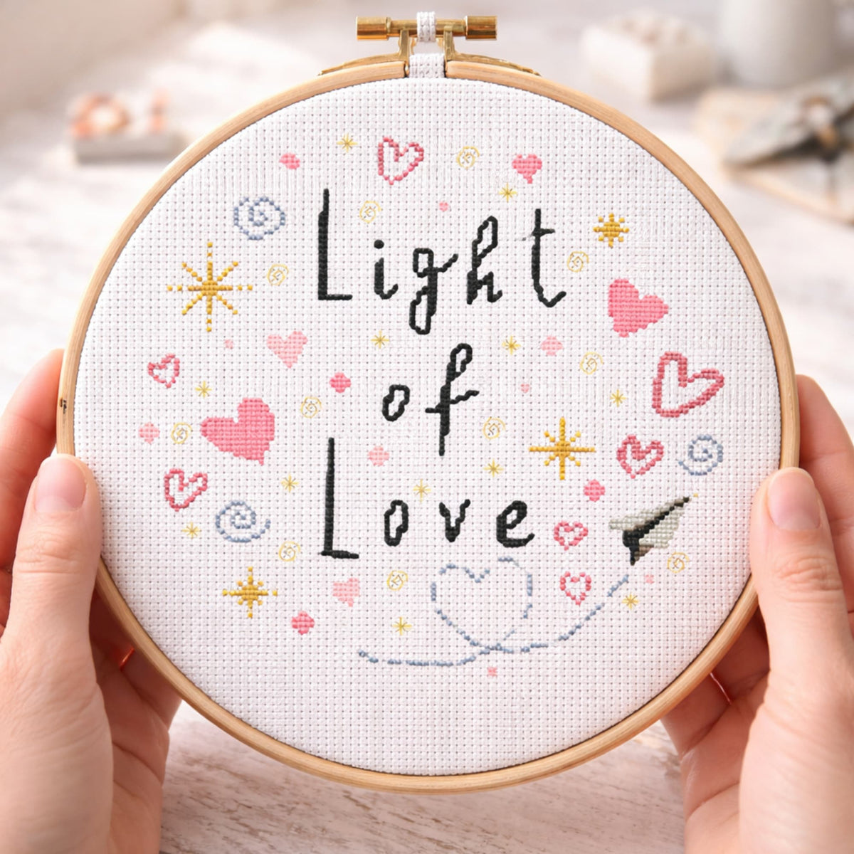 Modern folk Valentine quote counted cross stitch pattern shown in wooden hoop, digital download design