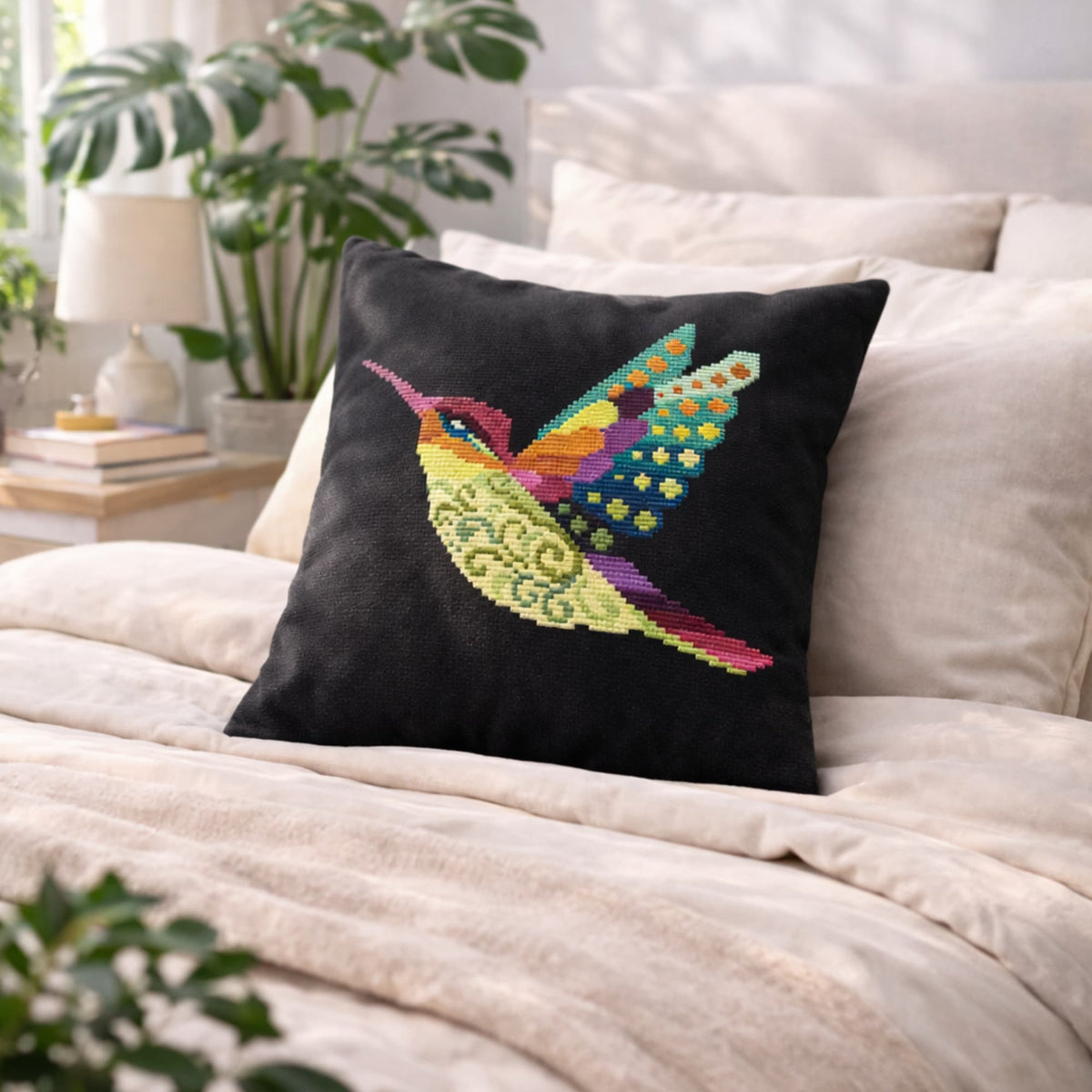 Modern hummingbird cross stitch kit displayed on decorative pillow, vibrant rainbow bird embroidery set for home decor crafting.
