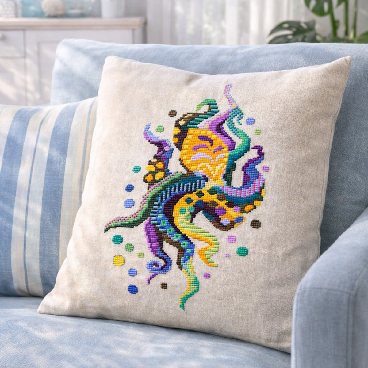 Modern octopus cross stitch pattern PDF displayed on decorative pillow with colorful ocean embroidery design.