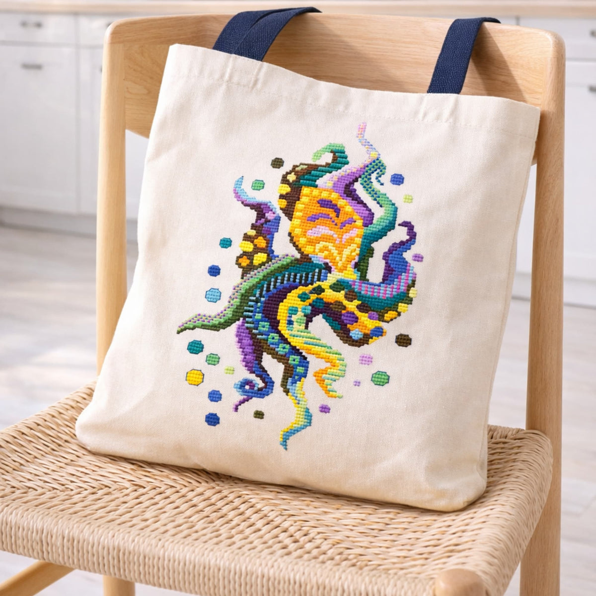 Modern octopus cross stitch pattern PDF shown on tote bag with vibrant sea life embroidery design.
