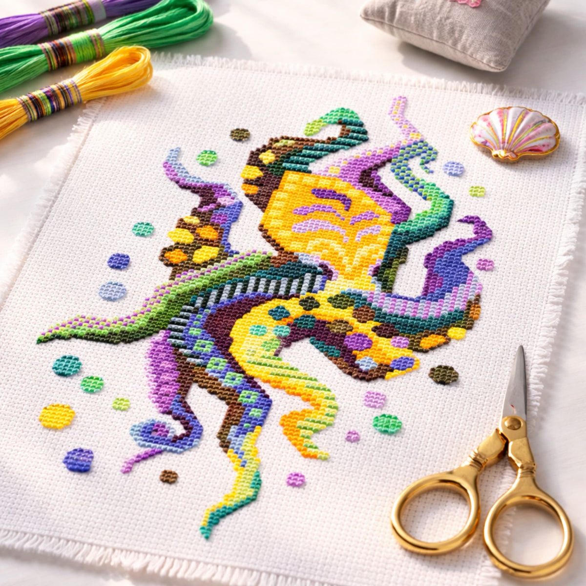 Modern octopus cross stitch pattern PDF with threads and scissors showing colorful nautical embroidery design.