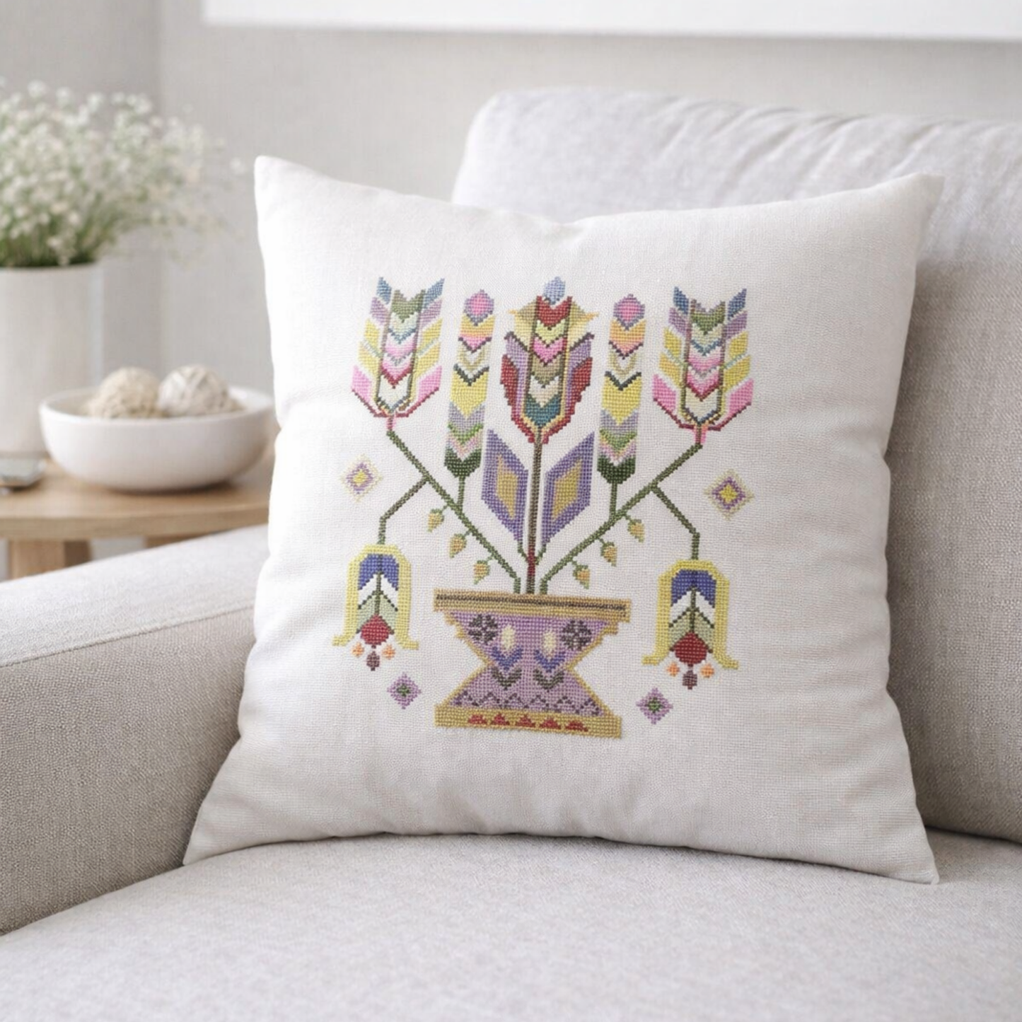 Moldavian folk Tree of Life cross stitch pillow, traditional Eastern European embroidery on natural linen cushion for home decor