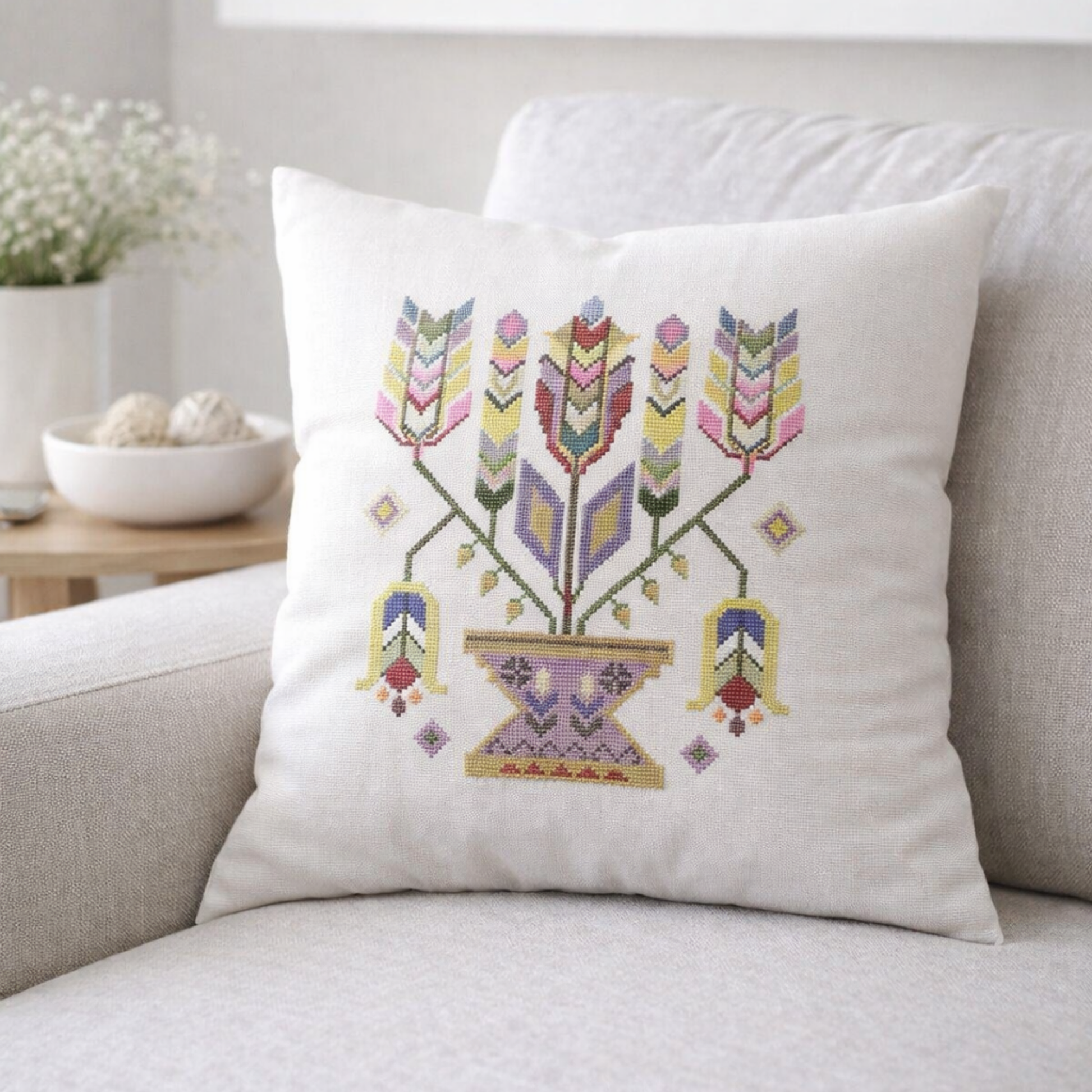 Moldavian folk Tree of Life cross stitch pillow, traditional Eastern European embroidery on natural linen cushion for home decor