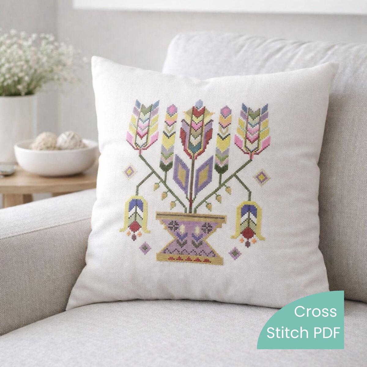 Moldavian folk Tree of Life cross stitch pillow, traditional Eastern European embroidery on natural linen cushion for home decor