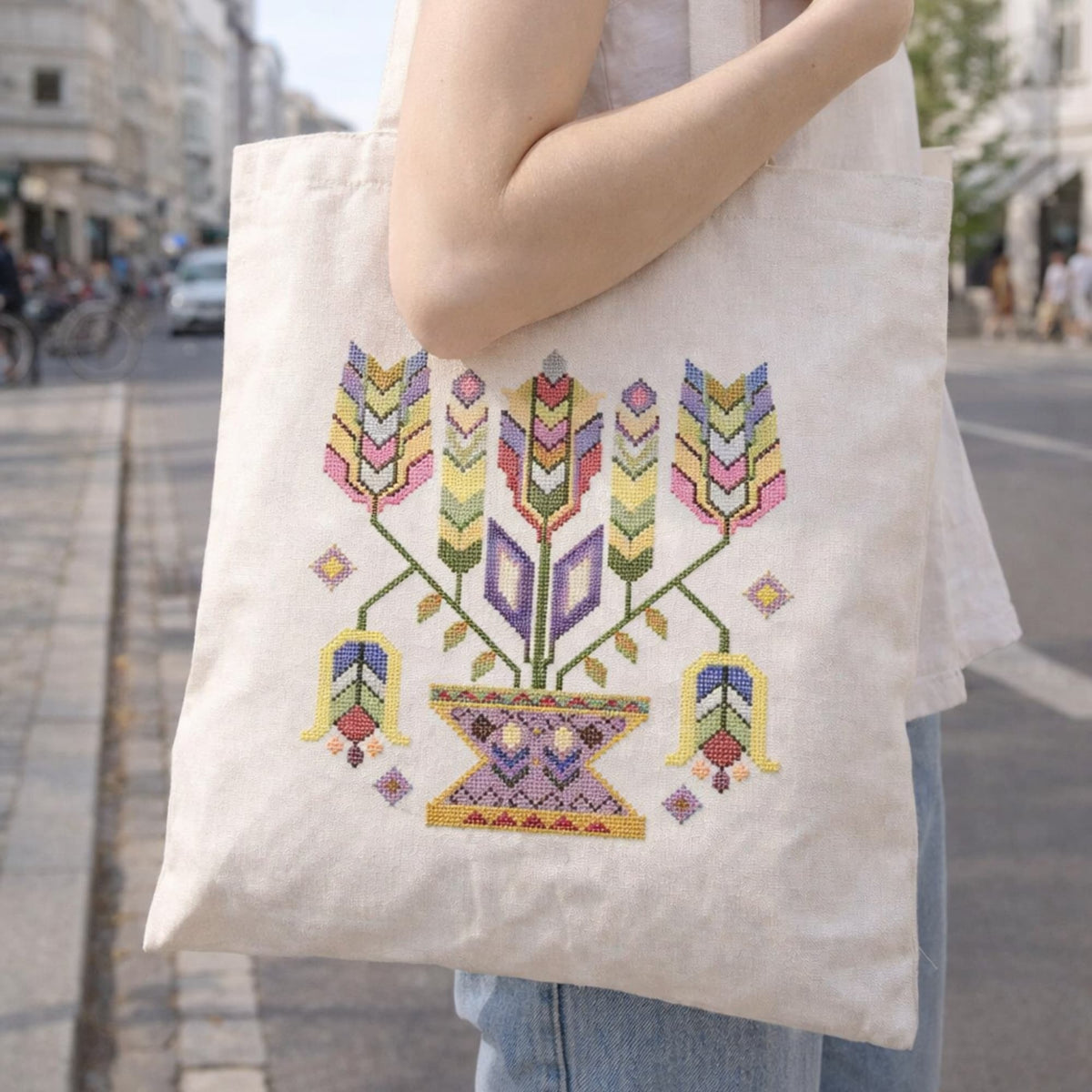 Moldavian folk Tree of Life cross stitch tote bag, embroidered traditional Eastern European floral motif on natural cotton bag