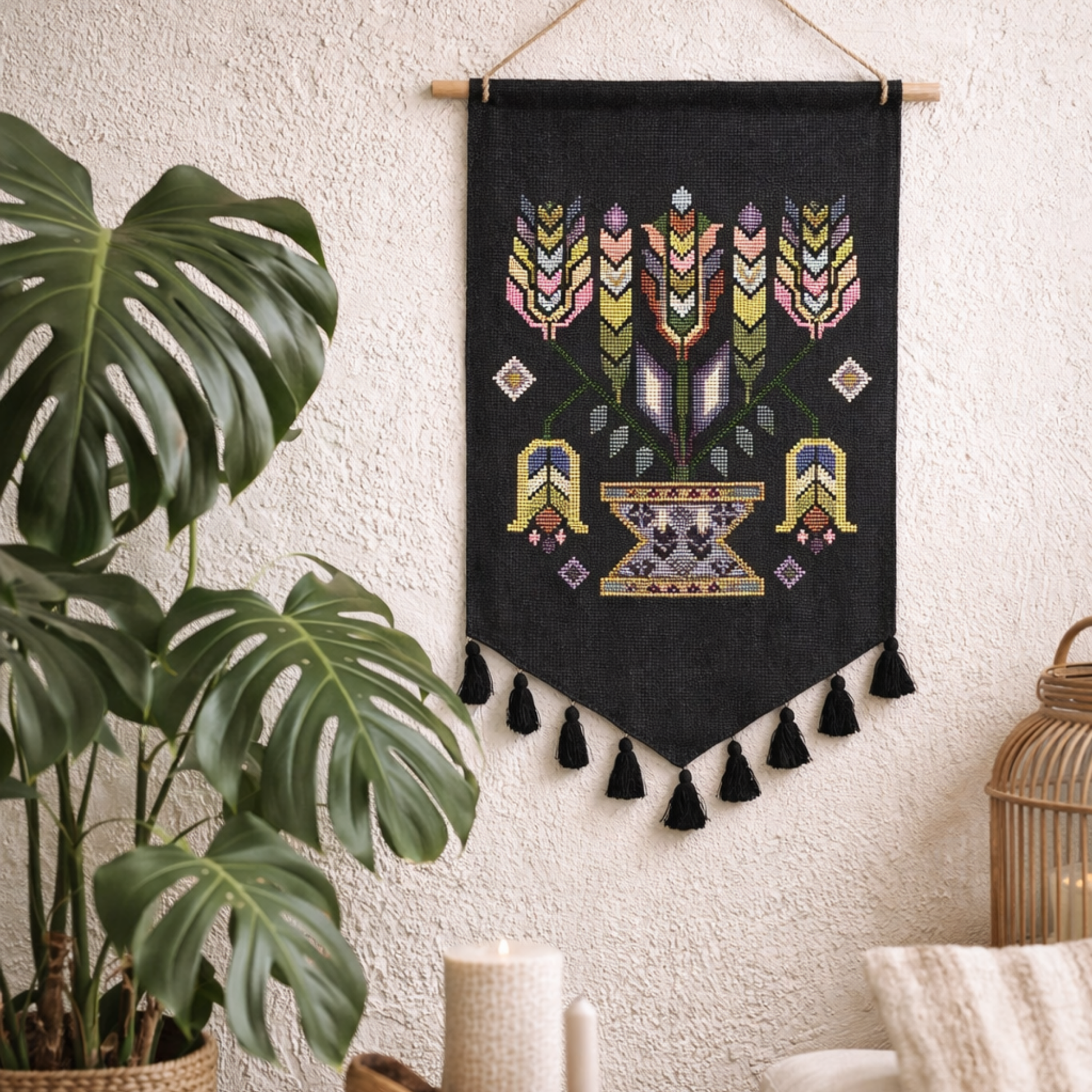 Moldavian folk Tree of Life cross stitch wall hanging on black linen fabric, traditional Eastern European embroidery with geometric floral symbols and tassels