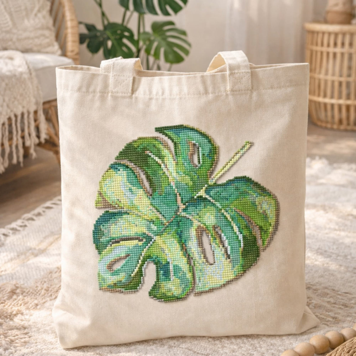 Monstera leaf cross stitch kit applied on tote bag, modern tropical embroidery design for everyday use.