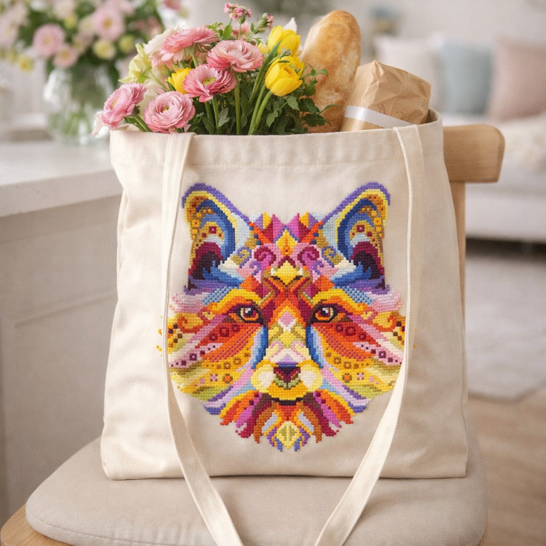 Natural cotton tote bag decorated with a colorful fox cross stitch embroidery, wearable handmade textile art