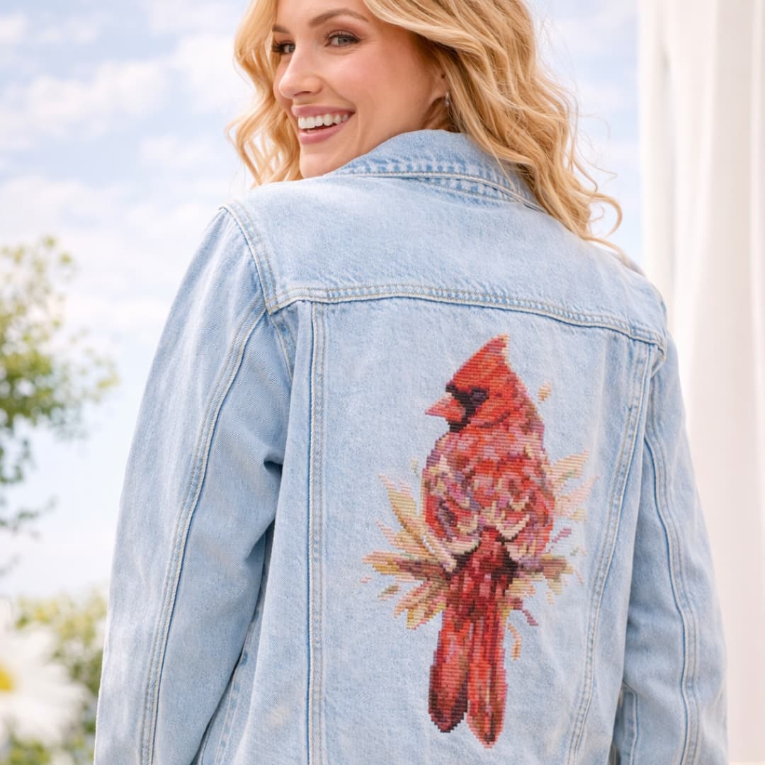 Northern Cardinal bird embroidery on denim jacket back, modern wearable embroidery made using counted cross stitch kit, bold red bird textile art.