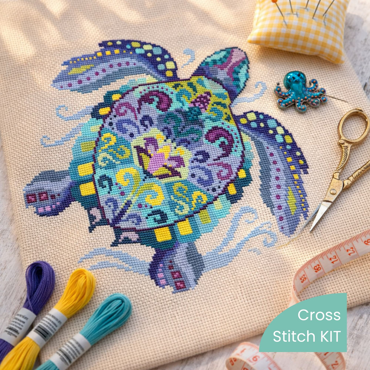 Ocean turtle DIY cross stitch kit with threads, scissors and sewing accessories