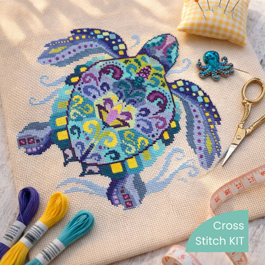 Ocean turtle DIY cross stitch kit with threads, scissors and sewing accessories